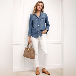 J.Crew Chambray Denim Button Down Shirt Classic Spring Layer Coastal Capsule